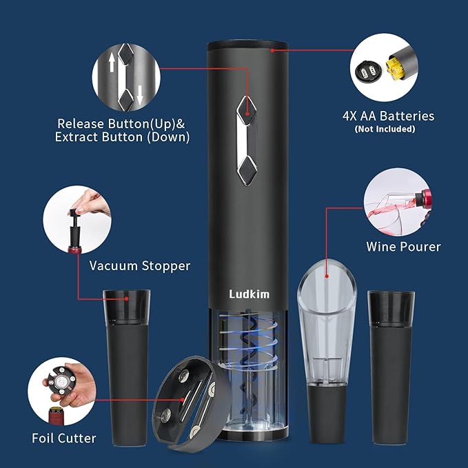 5-in-1 Electric Wine Opener Set, Automatic Batter Powered Corkscrew Kit Includes Wine Aerator Pourer & 2 Vacuum Stoppers, Foil Cutter, Ultimate Cordless Auto Wine Bottle Opener Gift Set