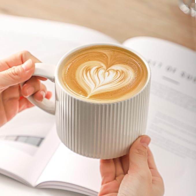 HASENSE Stackable Coffee Mugs,15oz Coffee mugs Set of 4,Ceramic Coffee Mug with Rack,Porcelain Coffee Cups for Latte,Cocoa, Americano, Hot Tea and Milk,Vertical Striped,White