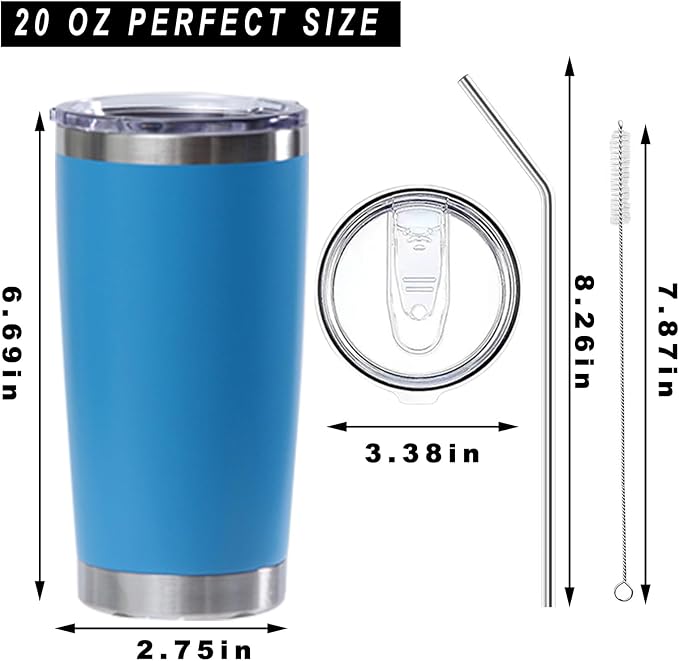20oz insulted tumblers stainless steel cup Tumbler Bulk with push Lid, and metal straw powder coated coffee cup for cold and hot drinking (48, sky blue)