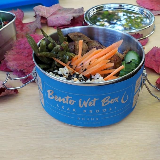 ECOlunchbox Bento Wet Box – Round Leak-Proof Stainless Steel Container, 24 oz (700 ml), Silicone Gasket & Soft-Close Clips, Plastic-Free, Dishwasher & Oven Safe