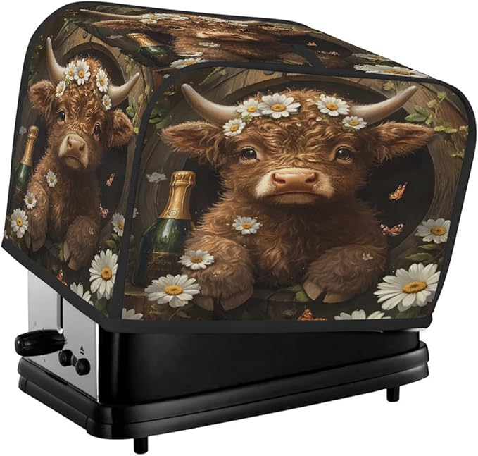 Highland Cow Flower Animal Toaster Cover 2 Slice Dust and Fingerprint Protection Toaster Bread Maker Covers Washable Kitchen Small Appliance Covers for Kitchen Accessories Decor Bakeware Women Gift
