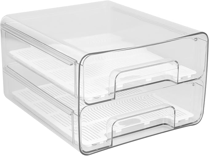 Fridge Drawers with Lids Stackable Pull Out Fridge Storage Containers Double Layer Clear Plastic Refrigerator Organizer Bins with Drain Tray for Kitchen Refrigerator Cabinets