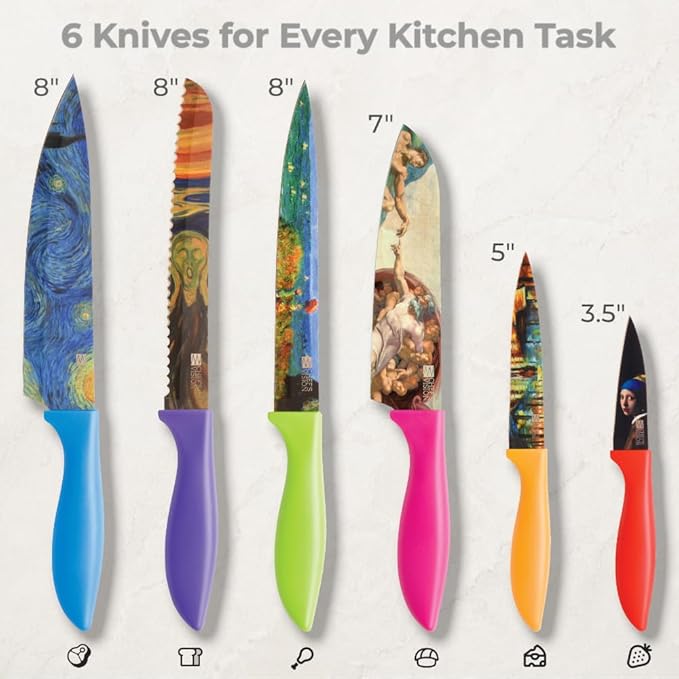 CHEF'S VISION Masterpiece Knife Set -6-Piece Stainless Steel Cutting Knives Set for Kitchen - Stunning Artistic Designs, Great Gift for Women or Men - Unique Kitchen Knife Set Gift for Art Lovers