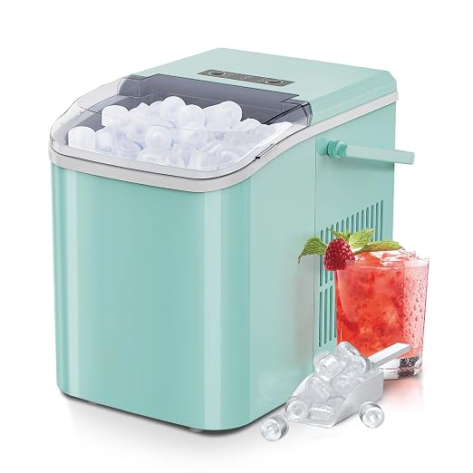 NEWBULIG Countertop Ice Maker Machine with Handle, Portable Bullet Ice Maker Produces 9 Cubes in 6 Minutes, 26 lbs per 24 Hours, Includes Basket & Scoop, for Home Kitchen RV Camping Party, Green
