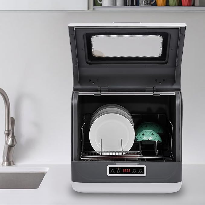 Countertop Dishwasher, 110V 800W Portable Compact Tabletop Dishwasher with 3 Washing Programs, Automatic Dish washer with Water Pipe, Cleaning Machine for Household Kitchen Apartment Boat (White)