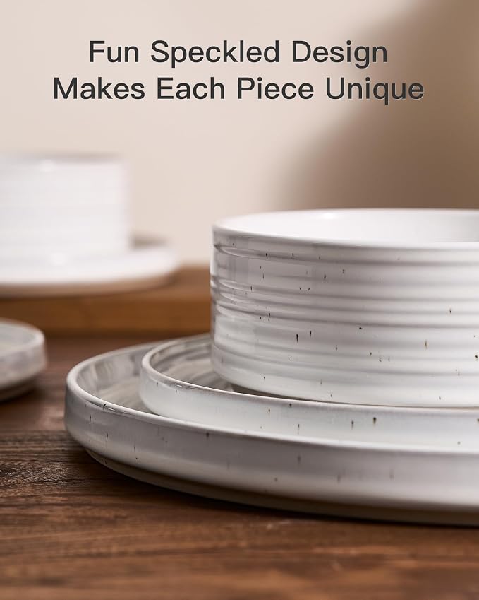 24-Piece Reactive Glaze Stoneware Dinnerware Sets for 8 - High Edge Plates and Bowls with Speckles & Spirals - Chip & Scratch Resistant, Microwave & Dishwasher Safe - Gift Box, White
