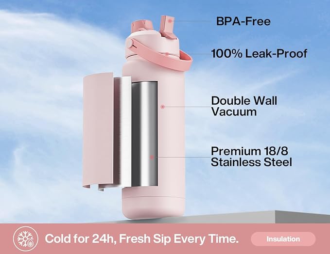 POWCAN 32 oz Insulated Water Bottle with 2-in-1 Straw and Spout Lid, Keep Cold 24H, Leak-Proof, BPA-Free, Double Wall Stainless Steel Water Bottle for Sports, Gym, Travel, and School (Cotton Candy)