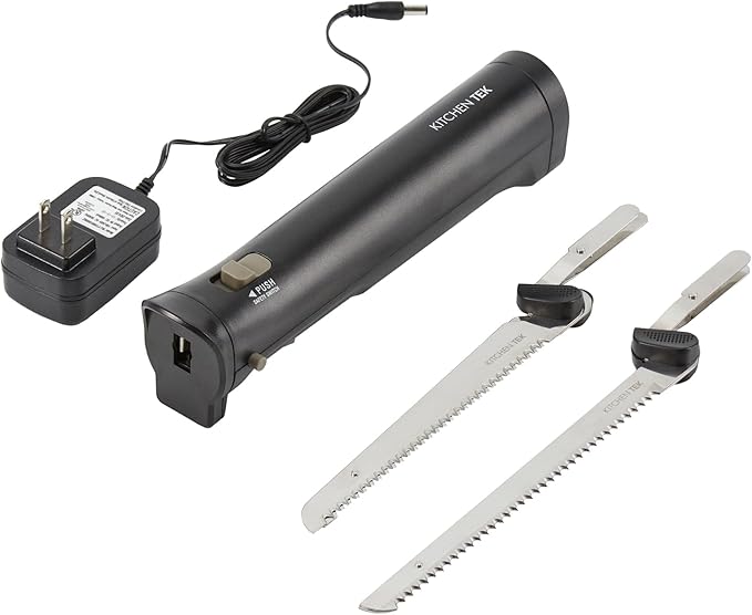 Restaurantware-Kitchen Tek Electric Knife Set, 1 Electric Knife With Motorized Handle - Includes 1 Bread And 1 Carving Tool, Ergonomic, Black Plastic Food Cutter With Stainless Steel Blades