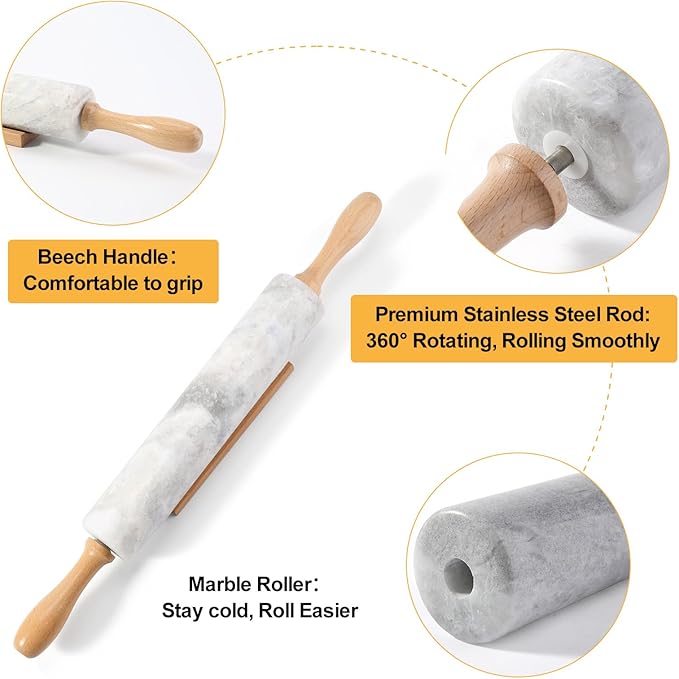 Koville African Natural Marble Rolling Pin, Non-Stick Polished Dough Roller, Pasta, Dumpling, Fondant, Pie Crust, Bread, Pizza Dough, Kitchen Baking Pastry Tools with Mat/Scraper(Grigio Fantasy)