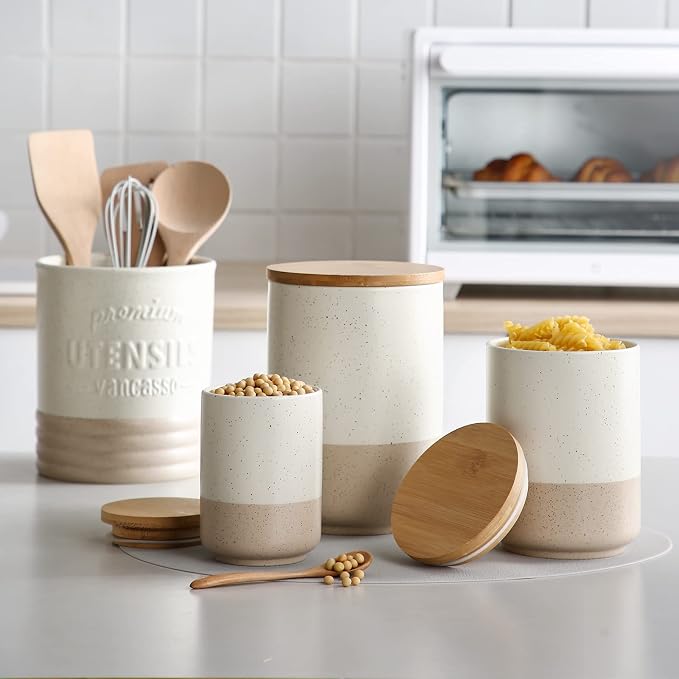 vancasso Sabine Kitchen Canister Set of 3, Ceramic Food Storage Containers with Airtight Wood Lids, Countertop & Pantry Organization for Flour, Sugar, Coffee, Tea & Snacks