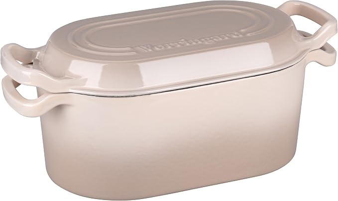 VORRINGARD Oval Dutch Oven Pot with Lid, Enamel Coating Cast Iron Bread Pans for Homemade Sourdough Bread Baking, Cooking, 4 Quart, Latte