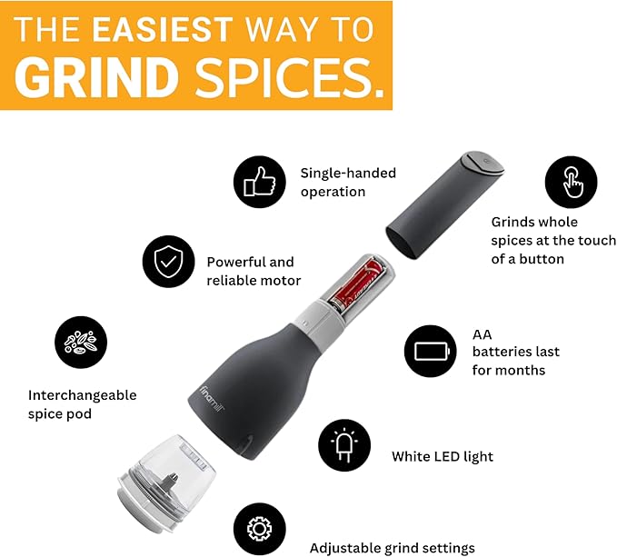 FinaMill Classic Battery Spice Mill – Battery Operated Salt and Pepper Grinder Set, Includes 2 Interchangeable Spice Pods, Adjustable Coarseness, Ceramic Grinder, LED Light, Home and Kitchen Gift Set