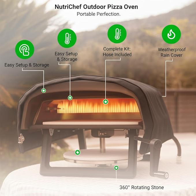 Nutrichef Outdoor Pizza Oven - Manual 360° Rotating Pizza Stone - Adjustable Heat - Includes Pizza Peel, Pizza Cutter, Stone, Cover, & Hose - Cook 12" Pizza in 60 Seconds - Long Handle