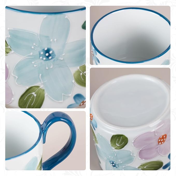 KAMMAK Ceramic Coffee Mug, 13.5oz Blue Mugs Set of 2, Novelty Cup for Tea, Juice, Milk, Cute Porcelain Water Cups with Handle for Women, Dishwasher and Microwave Safe