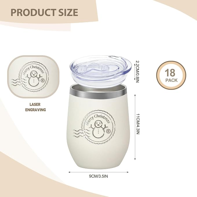 YOUKE OLA 18 Pack Stainless Steel Wine Tumbler with lid, 12oz Insulated Powder Coated Wine Tumbler Stemless Double Wall Vacuum Wine Glass Coffee Tumbler Bulk for Laser Engrave, DIY Gift, Cream White