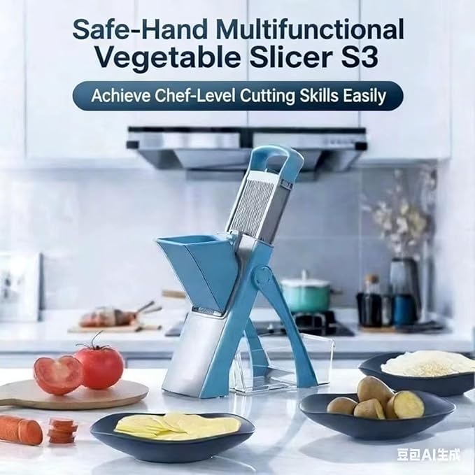 Safe Mandoline Slicer for Kitchen, Adjustable Vegetable Cutter with Container, 40+ Cuts No Blade Change, 0.1-8mm Thickness, Stainless Steel Blades for Potato, Onion & Salad (Green)