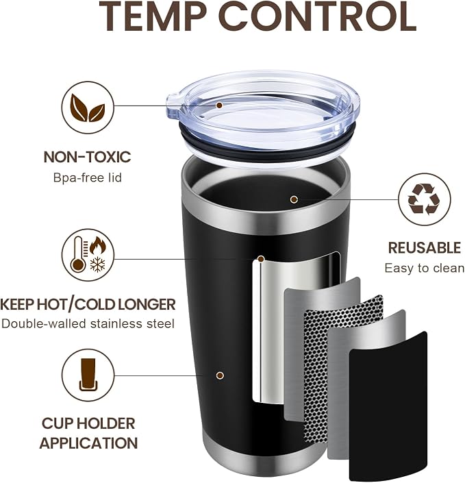 MEWAY 20oz Tumbler 8 Pack Double Wall Vacuum Insulated Travel Mug Bulk, Stainless Steel Tumblers with Lid and Straw, Durable Powder Coated Coffee Cups for Cold & Hot Drinks (Black, 8)