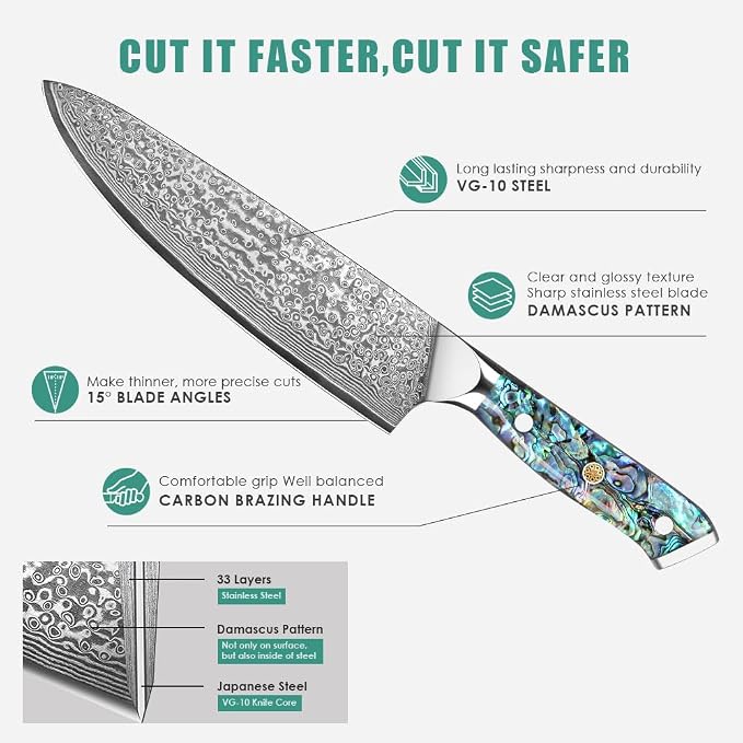KEENZO Damascus Chef Knife 8 inch, Professional Kitchen Knives,Sharp Japanese Chef's Knife, Hand Forged 67-Layer Damascus Steel Cooking Knife, Ergonomic Abalone Shell handle with Gift Box