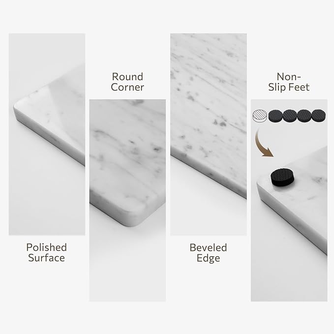 Natural Carrara White Marble Cutting Board for Kitchen, 16 x 20 Inch Marble Slab Pastry Board With Non-Slip Feet for Baking, Cheese, Charcuterie, Chocolate