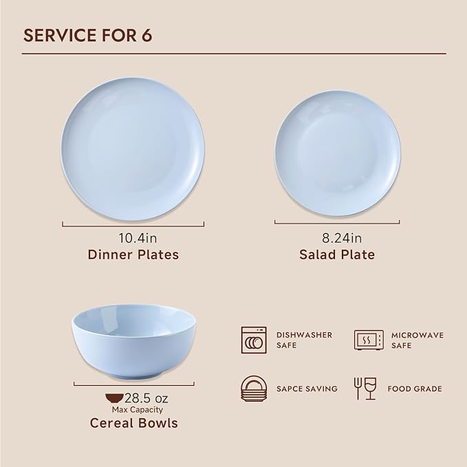 KINGSTONE 18-Piece Bone China Dinnerware Set for 6, Lightweight Porcelain Round Plates and Bowls Set, Durable Scratch Resistant Ceramic Dinner Set, Microwave & Dishwasher Safe, Misty Blue