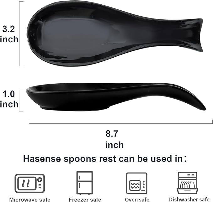 Ceramic Spoon Rest for Stove Top, Large 8.7 Inch Spoon Holder for Kitchen Counter, Porcelain Utensil Rest for Ladle, Spatula, Housewarming Gift, Dishwasher Safe and Heat-Resistant, Black, Set of 2