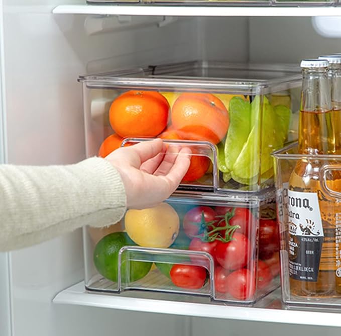 SANNO Freezer Containers Food Storage Containers Fridge Containers Plastic Organization Storage Bin for Fridge, Freezer, Pantry, Kitchen- Organizer for Fruit, Yogurt, Snacks, Pasta, set of 2