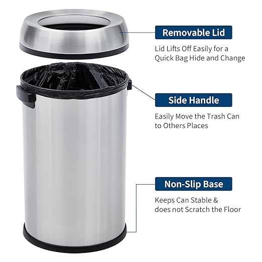 Garvee 17 gal/65 L Trash Can, Fingerprint-Proof Stainless Steel Open Top Garbage Can, Heavy Duty Commercial Round Trash Bin for Restaurant, Home, Office, Silver