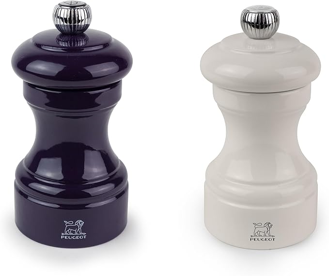 Peugeot Bistro Pepper and Salt Mill Set, 4in - French Design with Adjustable Grinding Precision, Beechwood & Stainless Steel, Enhance Flavors - Durable Cooking Tools (Eggplant/Ivory)