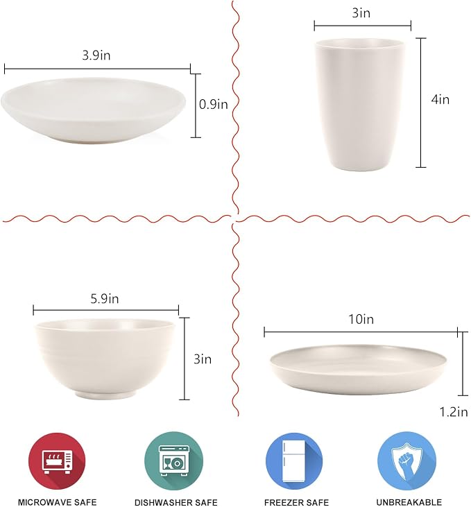 Wrova Wheat straw dinnerware sets - 28 Pieces dish sets service for 4 - Lightweight and Unbreakable Plates and Bowls Sets for Travelling and Camping.White