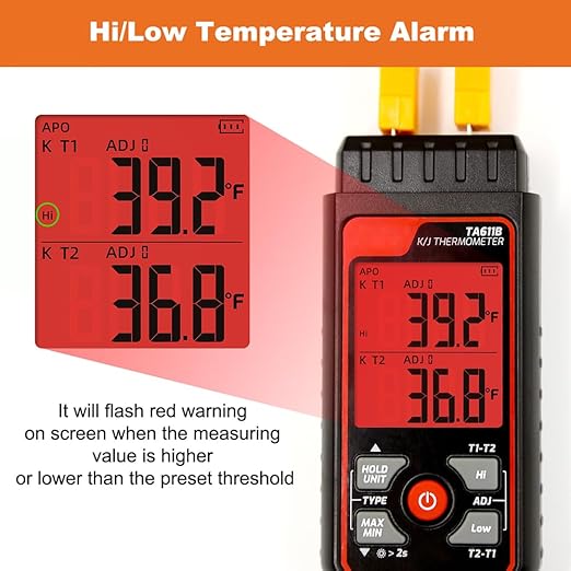 Digital Thermocouple Thermometer Dual-Channel K/J Type Thermometer -328~2501℉ Wide Range Industrial HVAC Temperature Meter with 4PCS of K-Type Thermocouple Probes, Alarm,Temp Conpensation