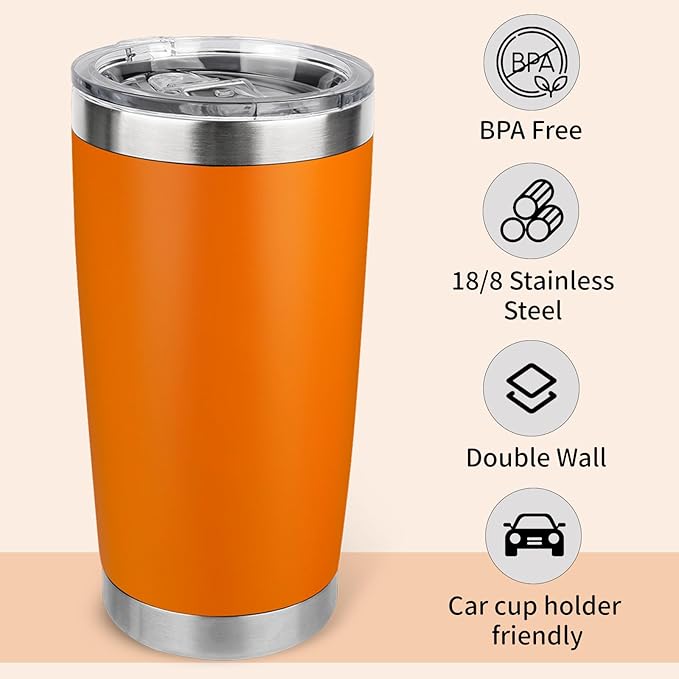 20oz Stainless Steel Tumbler Bulk with Lid, Travel Mug - Double Wall Vacuum Powder Coated Cup - Orange, 12 Pack