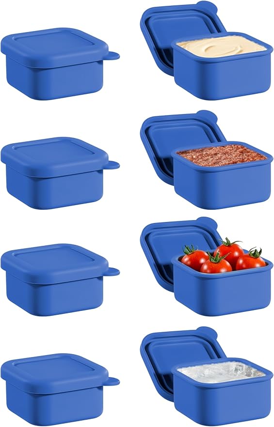 8 Pcs 1/2 Cup Silicone Freezer Molds With Lid, Silicone Freezer Trays for Sauce and Food Storage, 1.7x2.95x2.95'' Ice Cubes Molds, Small Portion Containers for Nuts, Snacks, Dessert (Blue)