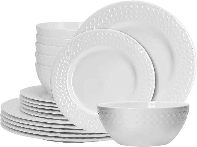 18-Piece Bone China Dinnerware Set for 6, White embossed dinnerware set, Plates and Bowls with Textured Design, Microwave Dishwasher Safe