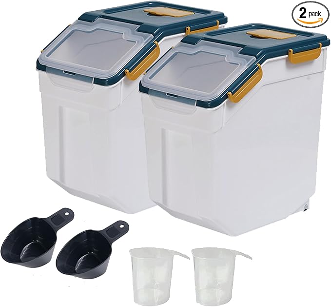 2 Pack Large Flour Storage Container 25 lb, Airtight Food Storage Bins with Wheels & Locking Lid, BPA Free Rice Grain Organizer with Measuring Cup, Flour Bin for Kitchen Pantry (Blue)