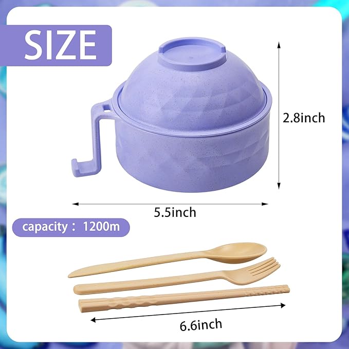 2 Sets Microwave Ramen Bowl 40 oz Wheat Fiber Portable Instant Noodle Cooker Bowl with Handles Strainer Spoon Chopstick Fork College Dorm Room Apartment Essentials(Beige, Purple)