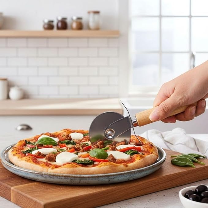 Soro Essentials- 4" Stainless Steel Pizza Cutter Wheel with Wooden Handle- Pizza Wheel Slicer Built in Finger Guard for Safety Pizza Wheel Sharp Blade for Cutting Through Crusts Pies and Comfort Grip