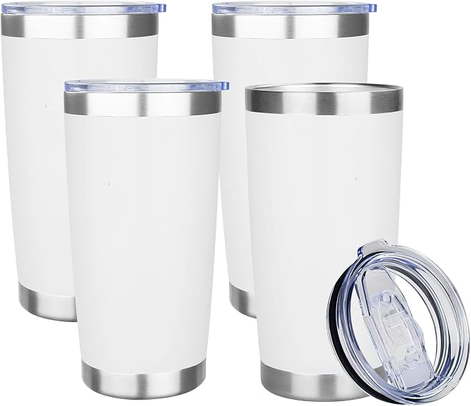 20oz Tumbler with Lid Stainless Steel Insulated Tumblers Travel Coffee Tumbler Bulk Double Wall Vacuum Insulated Water Cup Gifts for Christmas Women Men Her Him Home Office(White, 4pack)