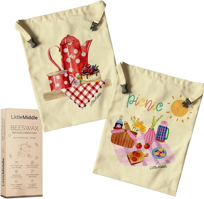 2 XL Beeswax Bread Bags for Homemade Bread, Sourdough – Reusable, Plastic-Free, Keeps Fresh, Washable, Compostable (Beige with Picnic)
