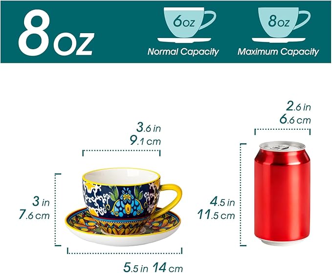 vancasso 8oz Cappuccino Cups with Saucers, Bohemian Coffee Cup for Latte, Espresso, Tea Porcelain Tea Cups and Saucers Set of 6 Teacup Microwave & Dishwasher Safe