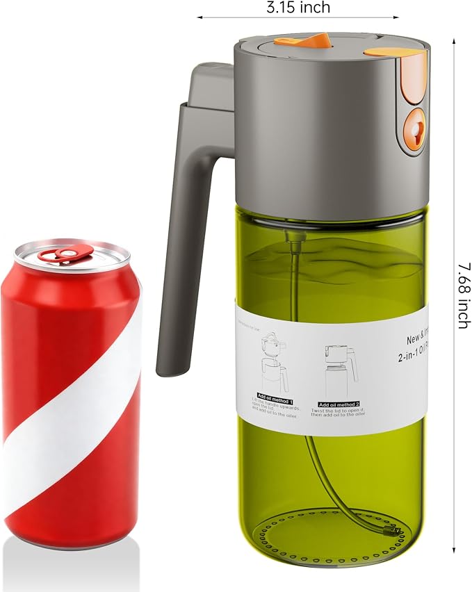 OURCABECUE Upgrade 2 in 1 Oil Sprayer for Cooking, 17oz Light-Blocking Glass Olive Oil Dispenser Bottle for Kitchen,Food-Grade Oil Mister with 8 Stickers for Salad, Frying (Green Bottle-Grey Gap)