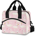 OREZI Lunch Bag for Girls Women,White Swans And Pink Feathers Lunch Box Container with Detachable Shoulder Strap,Insulated Lunch Coolers for School Office