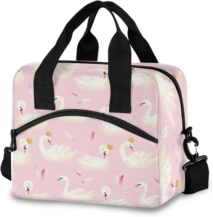 OREZI Lunch Bag for Girls Women,White Swans And Pink Feathers Lunch Box Container with Detachable Shoulder Strap,Insulated Lunch Coolers for School Office