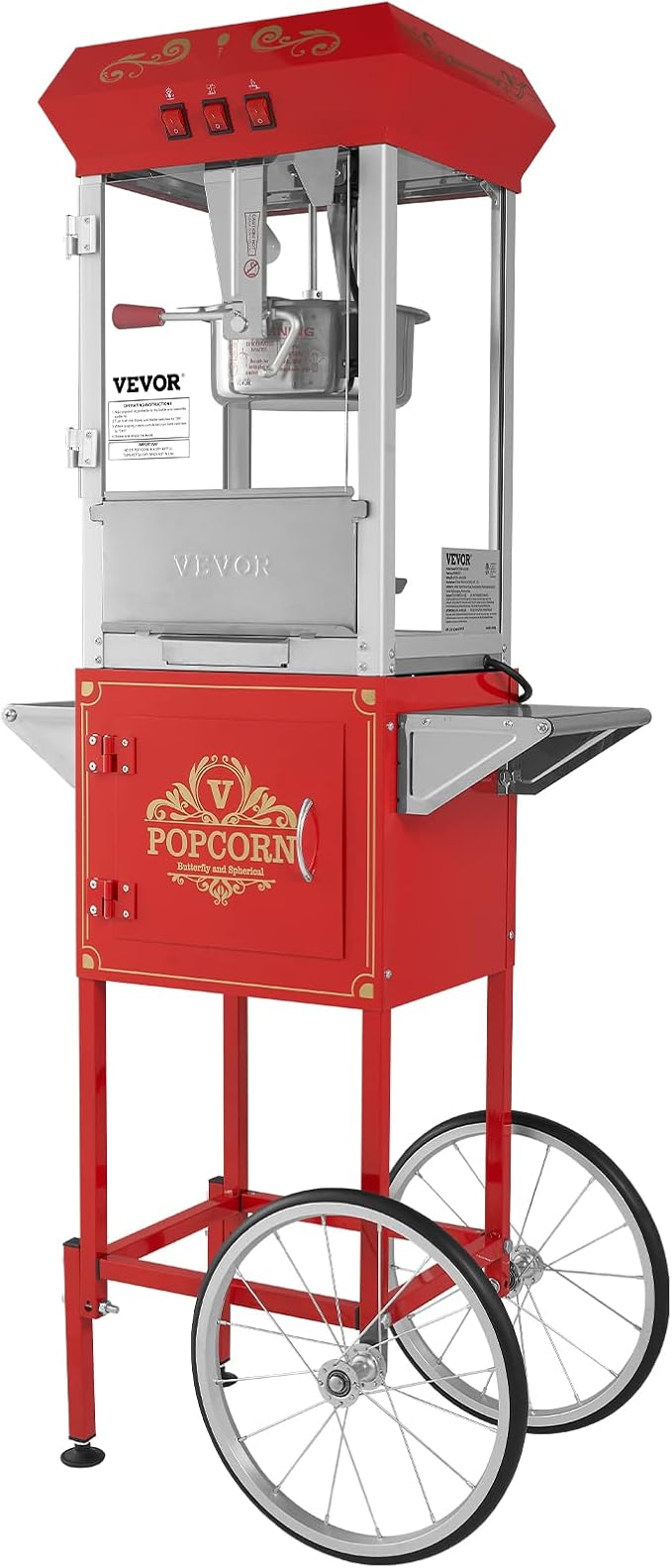 VEVOR Commercial Popcorn Machine, 8 Oz Kettle, 850 W Popcorn Maker on Wheels for 48 Cups per Batch, Theater Style Popper with 3-Switch Control Steel Frame Tempered Glass Doors Cart 1 Scoop 2 Spoons | 850W Theater Style Popper, On Wheels, 48 Cups per Ba...