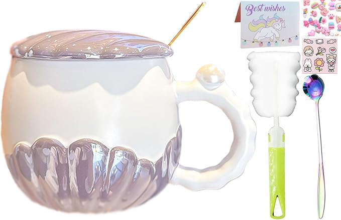 Pearl Ceramic Coffee Mug for Tea Latte Milk Cute Love Shape Cup for Home Office Women Gift 6.5 oz (Shell Round Purple, 350 ml)