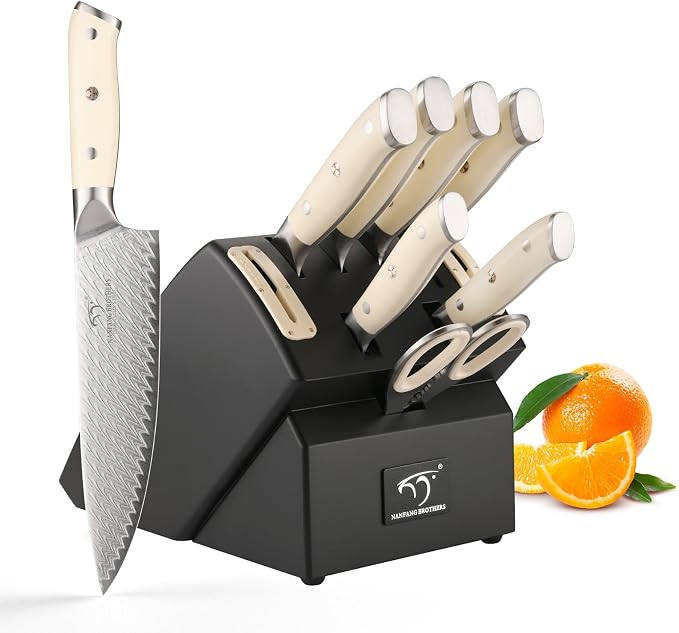 NANFANG BROTHERS Knife Sets 10 Pieces for Kitchen with Block, Damascus Kitchen Knife Set with Block, ABS Ergonomic Handle for Chef Knife Set and Kitchen Shear