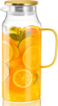 2 Liter 68 oz Glass Pitcher with Lid and Handle, Gold Glass Carafe for Fridge, Water Pitcher for Hot/Cold Water, Large Jug for Iced Tea, Coffee, Juice and Homemade Beverage