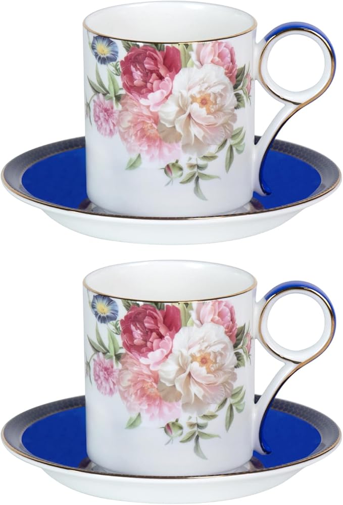 KAMMAK Tea Cups and Saucers Set of 2, Porcelain Coffee Cups, Stackable Espresso Mugs, Ceramic Demitasse for Coffee, Cappuccino, Latte, Americano, Tea, Blue