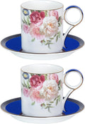 KAMMAK Tea Cups and Saucers Set of 2, Porcelain Coffee Cups, Stackable Espresso Mugs, Ceramic Demitasse for Coffee, Cappuccino, Latte, Americano, Tea, Blue