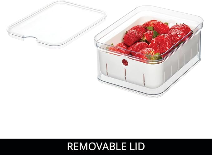 iDesign Small Fridge Berry Bin with Removable Colander Basket and Lid - Set of 4 - Clear/White