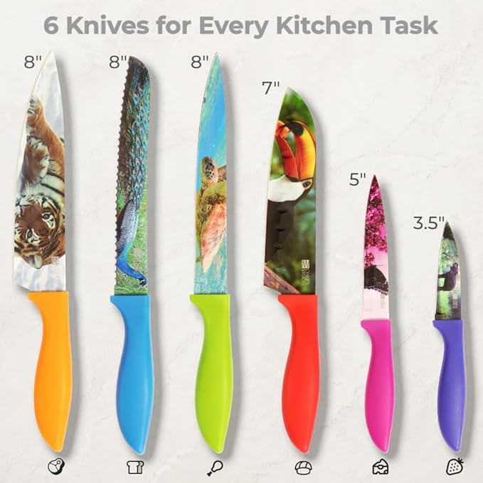 CHEF'S VISION Wildlife Knife Set-6-Piece Stainless Steel Cutting Knives Set for Kitchen with Stunning Animal Designs - Great Gift for Women or Men - Unique Kitchen Knife Set Gift for Nature Lovers